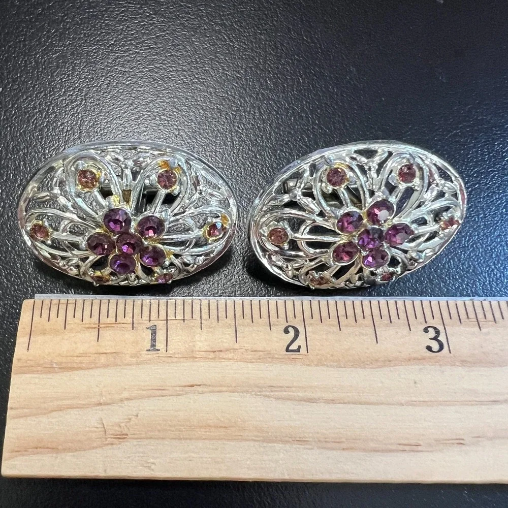 Vintage Silver Filigree Cufflinks Purple and Amber Rhinestones‎ Oval Statement